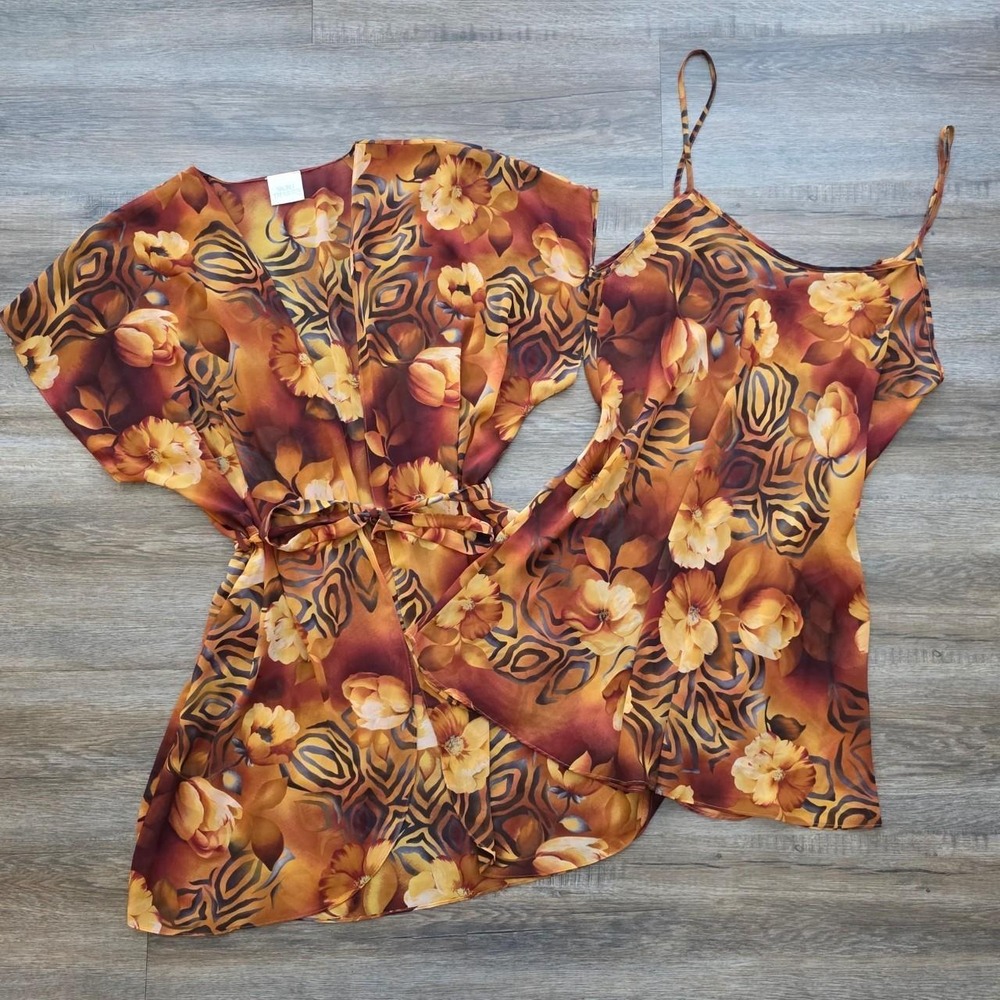 Secret Treasures Vintage Y2K Orange Floral Zebra Mesh Lounge Set Robe Dress S